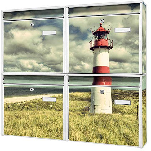 banjado Briefkastenanlage 4 Fach - Postkästen groß - verzinkter Stahl weiß DIN A4 Motiv Leuchtturm Sylt - Briefkasten Set 4 Briefkästen Namensschild, 2 Schlüssel, Montagematerial
