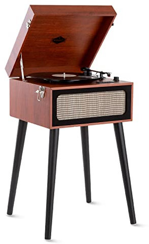 Auna Giradischi Bluetooth per Dischi in Vinile, Lettore a 3 Velocità di Riproduzione, Vintage con Casse Stereo, AUX, con Jack per Cuffie e Adattatore
