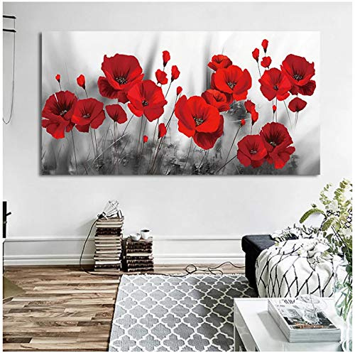 Impresión en lienzo Flores rojas Pinturas en lienzo Carteles e impresiones Amapolas Flor Lienzo Arte Cuadros de pared Decoración de la habitación de la cama Cuadros 60x120cm/23.6 x47.2 Sin marco