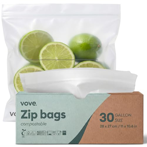 Vove Compostable 4 Litre Zip Bags 30 Count, Heavy-Duty and Plant-Based | PFAS-free, BPI certified, leakproof airtight seal, plastic-free, for bulk food storage and freezer meal prep