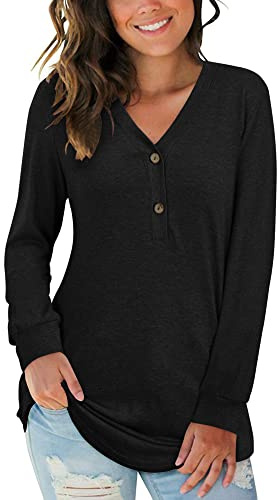 AUSELILY Women Blouse Henley Top V Neck Button Thin Long Sleeve Black XXL