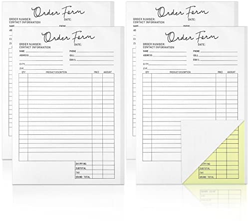 Spakon 4 Pack Order Forms Book for Small Business Carbonless Receipt Book 5.5 x 8.5 Inches 2 Part Order Form Pad Sales Invoice Book Duplicate Copy Purchase for Cake Bakery 25 Sets Each