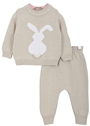 Minora Baby Premium Strick-Set: 2-Teilig mit Hasen-Motiv – Elegantes Outfit aus Baumwollmix für Neugeborene & Babys - Beige, 6-9 Monate