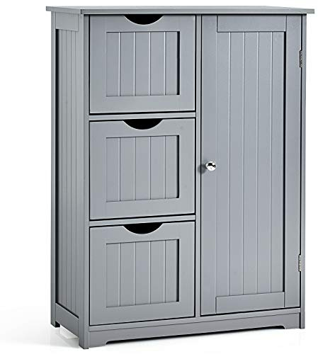 COSTWAY Badezimmerschrank, Badschrank aus Holz mit 3 Schubladen & 1 Tür, Unterschrank mit 3 Positionen Verstellbarer Ablage, Aufbewahrungsschrank für Wohnzimmer, Badezimmer, 60 x 30 x 81cm (Grau)
