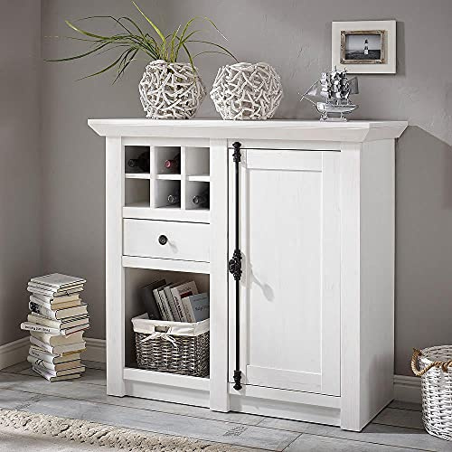Lomadox Kommode Highboard im Landhaus Stil Dekor Pinie weiß Nb. mit Flaschenregal B/H/T ca. 105x100x45cm