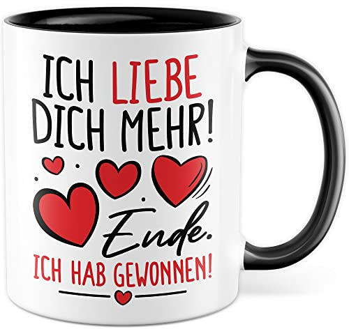 Valentinstag Tasse Geschenk, ICH LIEBE DICH MEHR! - Ende. Ich hab gewonnen! Geschenkidee Freund Freundin Kaffeetasse mit Spruch lustig süß Kaffee-Becher Partner Partnerin Beziehung (Weiß/Schwarz)