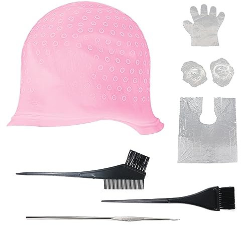 SKHAOVS 7 Stück Silikon Strähnchenhaube Set, Silikon-Highlight-Kappen-Set Highlight Haar Kappe Hervorhebung Friseurkappe mit Haken für Salon Haus Haarefärben Zubehör