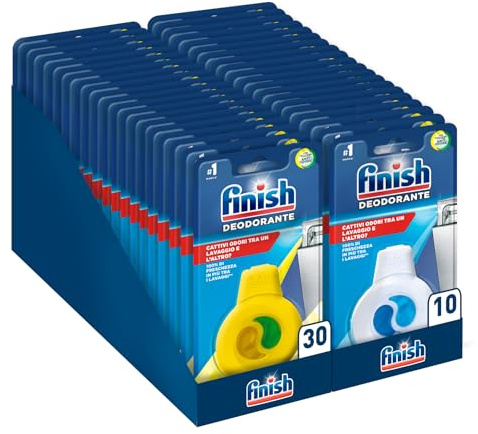 Finish Aditivo para lavavajillas, paquete de 40 x 4 ml, ambientador para lavavajillas, caja mixta, juego de 10 desodorantes, perfume de fresco, 30 limón y lima