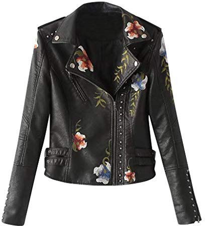 Chaqueta bordada para mujer, con cremallera, estilo motociclista, holgada, de piel, con tachuelas, estampado floral, chaquetas pesadas y ligeras para mujer, ropa casual para otoño, chaqueta ligera de