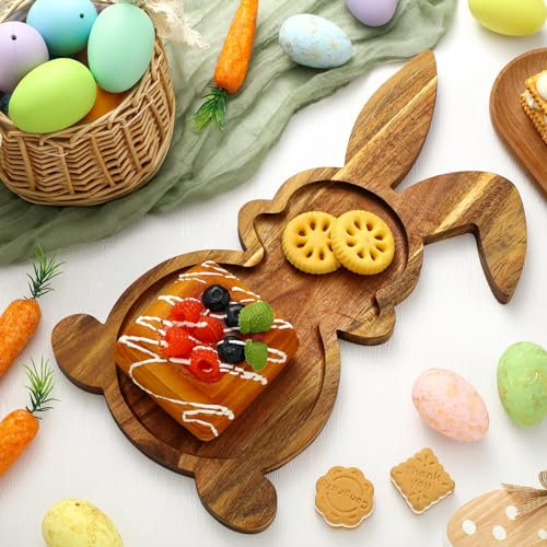 Domensi Easter Bunny Plates Rabbit Wooden Serving Platter Rustic Decorative Salad Plates Wood Charcuterie Tray for Dinner Dessert Appetizer Candy Bread Display Parties Holidays Decoration(Bunny)