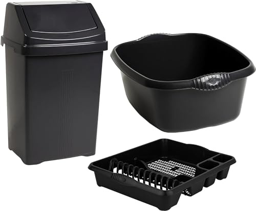 JMS we create smile Set of 3 - Plastic 50L Litre Swing Bin + Large Dish Drainer + Rectangular Washing Up Bowl Multipurpose Drying Rack Organizer Office Home & Kitchen Accessories (Black)