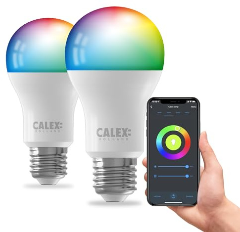 CALEX Lampadina LED Smart, E27, A60, colori RGB & luce da fredda a calda, Dimmerabile, controllo app Wi-Fi & vocale, Confezione da 2