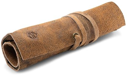 Angus Stoke Leder-Rolltasche für Stifte, Pinsel und Accessoires – Federtasche aus Leder – Handmade Stiftrolle Leonardo (Braun-Antik)