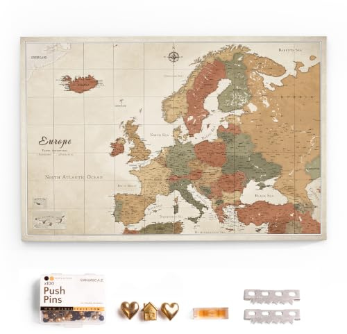 Canvas Europakarte mit Pinnwand Kork zum Pinnen der Reiseziele - Wanddeko für Jeden Raum - Hochwertige Leinwand Bilder mit Europakarte (120x80 cm, Muster 2)
