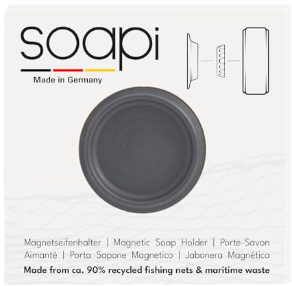 Soapi - Super Strong Magnetic Soap Holder - Wall Mounted Soap Holder - No Drilling Required - Sustainable - Made From Recycled Fishing Nets - Dark Grey