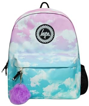hype Girls Backpack, Pink & Blue with Clouds, School Bag for Kids, Comfortable Rucksack with Bottle Holder, 3 Storage Compartments, Padded, Adjustable Straps & Grab Handle
