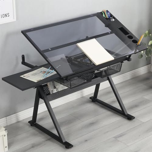 VBVARV Schreibtisch Mit Seitenregal 0 Bis 75 ° Einstellbare Zeichentisch Mit Stuhl- Und Lagerschubladen Getempert Glaskunsttisch Für Home Office