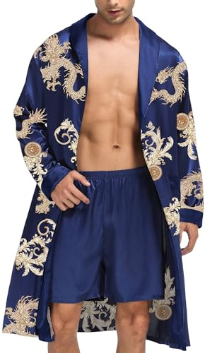 SWOMOG Mens Silk Robe with Shorts Set Satin Long Sleeve Kimono Bathrobe Blue Dragon X-Large