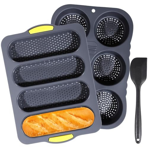 OMISTAR 3 PCS Silicone Baguette Pan and Hamburger Bun Pan Set,Non-stick French Bread Baking Mold,4 Wave French Bread Baking Tray,6 Cup Hamburger Bun Mold with Scraper