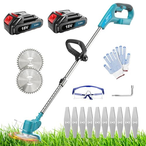 18V Cordless Grass Strimmer, for Makita 2 x 3.0Ah Battery, Cordless Grass Trimmer and Lawn Edger, Includes 10x Metal Blades, 2 x saw blade, 90° Head pivots, Adjustable Height