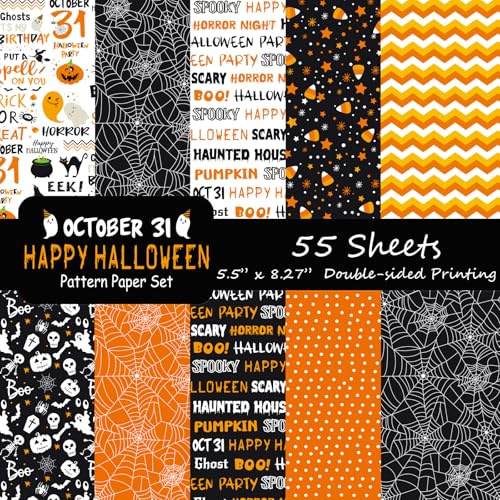Morcheiong 55 Sheets Halloween Pattern Paper Decorative Paper Double-Sided for Card Making Scrapbook Photo Album Decor, 10 Designs (Orange, 5.5*8.27 inches)