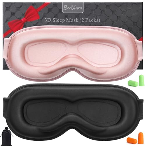 BeeVines Schlafmaske, 2 Pack 100% Blackout Augenmasken für Schlaf 3D-Augenmaske für Frauen Männer, Null Druck Schlafmaske für Seitenschläfer, Augenabdeckung enthält Reisebeutel (04 Schwarz & Rosa)