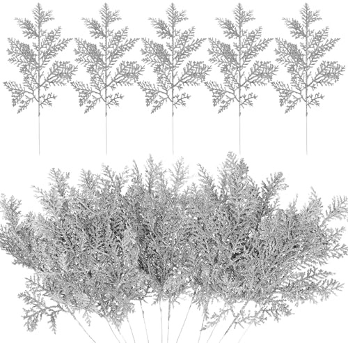 ULELE 24 Pcs Glitter Artificial Pine Needles,13.8Inch Fake Foliage Pine Stems Picks Artificial Silver Leaves Glitter Picks for Tree DIY Garland Wreath Home Garden Decoration(No Vase)