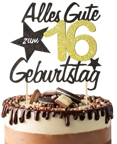 BOOMTOP Torten Deko 16 Geburtstag Deko Kuchen Junge Mädchen Happy 16th Birthday Cake Topper Alles Gute zum Geburtstag 16 Jahre Kindergeburtstag Kuchen Topper 16 Geburstagstorte Deko Gold Schwarz