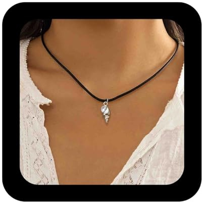 Enautoabs Boho Nero In Pelle Corda Collana Girocollo Argento Conchiglia Collana Ciondolo Smerlo Conchiglia Conchiglia Stella Marina Collana Spiaggia Conchiglia Collana Gioielli Per Le Donne