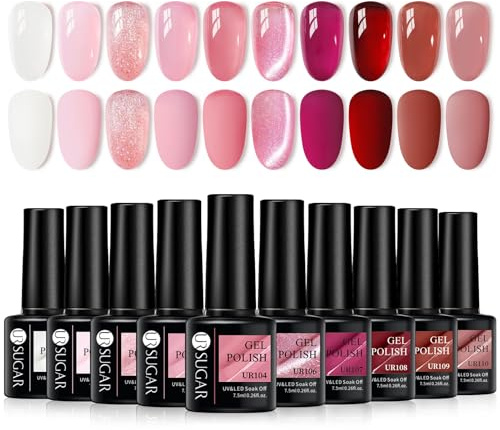 UR SUGAR Jelly Gel Nail Polish Set, 10 Colors Spring Summer Nude Pink Nail Art Design Translucent Gel Polish Kits Soak Off Nail Manicure DIY Home Nail Salon for Women