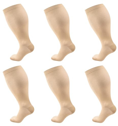 3 Paar Medizinische Kompressionsstrümpfe Damen & Herren, Kompressionsstrümpfe Dicke Waden, Übergröße Stützstrümpfe Kompressionssocken für Flug Laufen Reise (3XL, Beige)