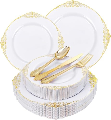 Joyido 125PCS White and Gold Plastic Plates - Gold Disposable Plates with Plastic Silverware - Vintage Disposable Dinnerware Set for 25 Guests for Parties Holiday
