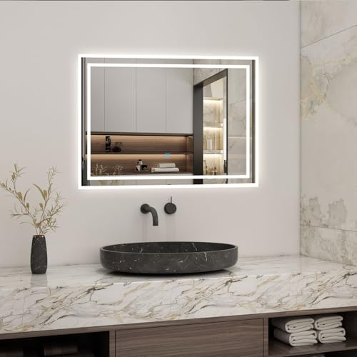AICA Miroir Salle de Bain rectangulaire 80 x 60cm Anti-buée +dimmable + mémoire, Miroir Lumineux LED