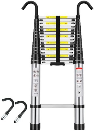 6,2 m Teleskopleiter, Aluminium, leichte Teleskopleiter mit 2 abnehmbaren Haken und rutschfesten Füßen, 6,2 m Verlängerungsleiter, 150 kg Kapazität