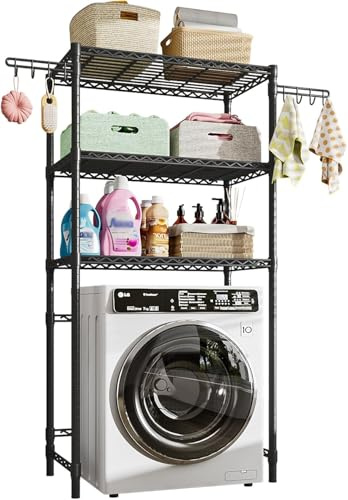 FTEYUET 3-stöckiges Aufbewahrungsregal, Waschmaschinen- und Trocknerregal, platzsparendes Regal für Waschmaschine, Lagerregal mit seitlichen Haken, verstellbare Höhe für Wäsche & Badezimmer (Schwarz)