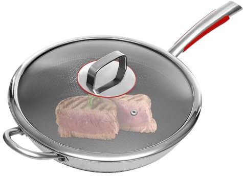 spuwlqot 31.5 cm Sartén de Acero Inoxidable Sartén con Tapa de Vidrio Templado