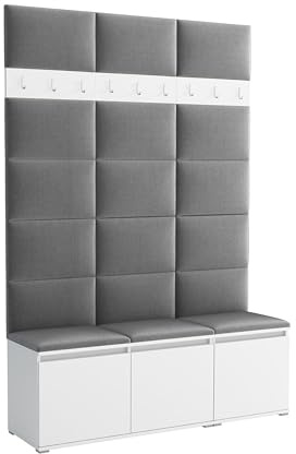 Brent - Garderobenschrank Flur Weiß mit sitzbank 150 cm Breit Luton 3 - Multifunktionale Flurgarderobe Set mit Stauraum und Wandpaneel, Garderobe mit Sitzfläche und Kleiderhaken