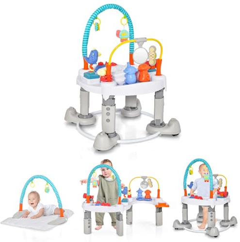 INFANS Baby Bouncer Activity Center, 5 in 1 Toddler Bouncing Activity Saucer Playtime Mat Activity Table with 360°Rotating Seat, 3 Adjustable Height, Foldable Exersaucer Learning Walker (Light Grey)