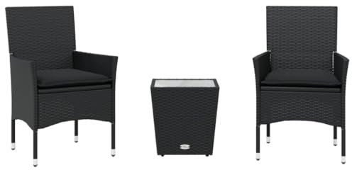 Eleganz 3-TLG. Bistro-Set Schwarz PE-Rattan mit Kissen, pulverbeschichteter Stahl & Hartglas - Perfekt für Garten, Terrasse oder Balkon - Langlebig & Wetterfest