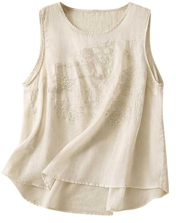 Angxiwan Vest Tops Women Uk Womens White Vest Top Linen Tops for Women Uk Retro Embroidered Loose Fit Sleeveless Lightweight Crewneck Summer Shirt Baggy Casual Flowy Summer for UK Ladies Size 12