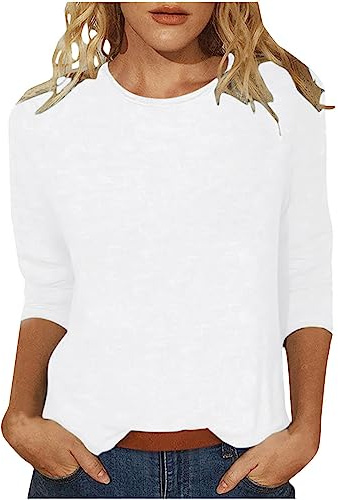 Generico Camiseta básica para mujer, manga 3/4, de verano, lisa, cuello redondo, ligera, suave, informal, verano, tallas grandes, informal, para adolescentes