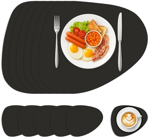 Sevenpers Tischsets Abwaschbar, Tischsets Leder and Untersetzer 6er Set | Wasserdicht rutschfest Platzdeckchen Platzset für Hause Küche Restaurant und Hotel,Schwarz,42x33cm