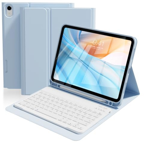 ZOPSGYU Keyboard Case for iPad (A16) 11th/10th Gen 2025/2022 11/10,9 | UK White Layout, Detachable Magnetic Wireless Bluetooth Keyboard, Shockproof Smart Folio Cover with Pencil Holder, Sky Blue