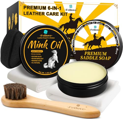 Feilove Leather Boot Care Kit – Mink Oil & Saddle Soap for Leather with Applicators & Cloths – 6-Piece Leather Shoe Care Kit for Cowboy Boots, Work Boots, Shoes & Tack