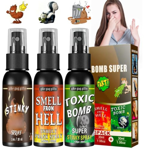 Spray Fetido Bombas Fetidas–3 Piezas Fart Spray, Espray para Pedos, Bombas Fétidas Súper Potentes, Artículos de Broma para Adultos, Mal Olor Extremadamente Duradero, Halloween y Fiestas Divertidas