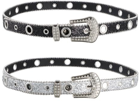 Eclove Cinturón de mujer con diamantes de imitación para vaqueros, vaquera occidental, remaches, punk, cinturón de piel, color plateado y negro, cinturón para pantalones, Y2k, con remaches brillantes