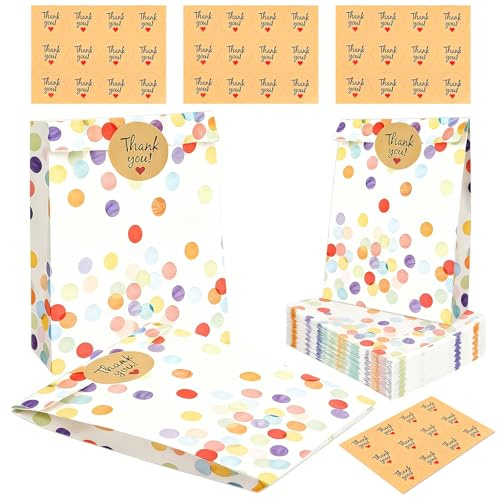 30 Geschenktüten für Kindergeburtstage mit 36 ​​Dankeschön Aufklebern – Buntes Punktemuster, ideal Geschenktüten für Kindergeburtstage, Feiertage, Hochzeiten, Feiern, Partytüten und Snacks