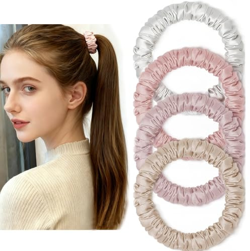 Soiftra 4 Stück Seiden Haargummis Damen 100% reine Maulbeerseide,1 cm Mini 19 Momme Haargummi Seide,Dünne Haargummis, Zopfhalter, Kein Haarbruch, Haargummi,Geschmeidiges Haar Für Jeden Tag