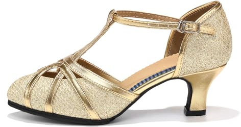 HROYL Women T-Strap Glitter Latin Dance Shoes Low Heel Salsa Tango Ballroom Latin Party Wedding Dancing Shoes,511-Gold-5,5 UK