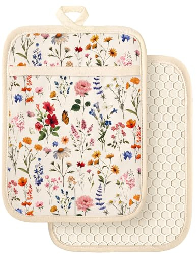 Slohif Silcone Flowers Pot Holders for Kitchen - 100% Cotton Beige Cute Oven Potholders with Pockets, Heat Resistant Square Thick Hot Pads, House New Home Baking Baker Gifts,2pack